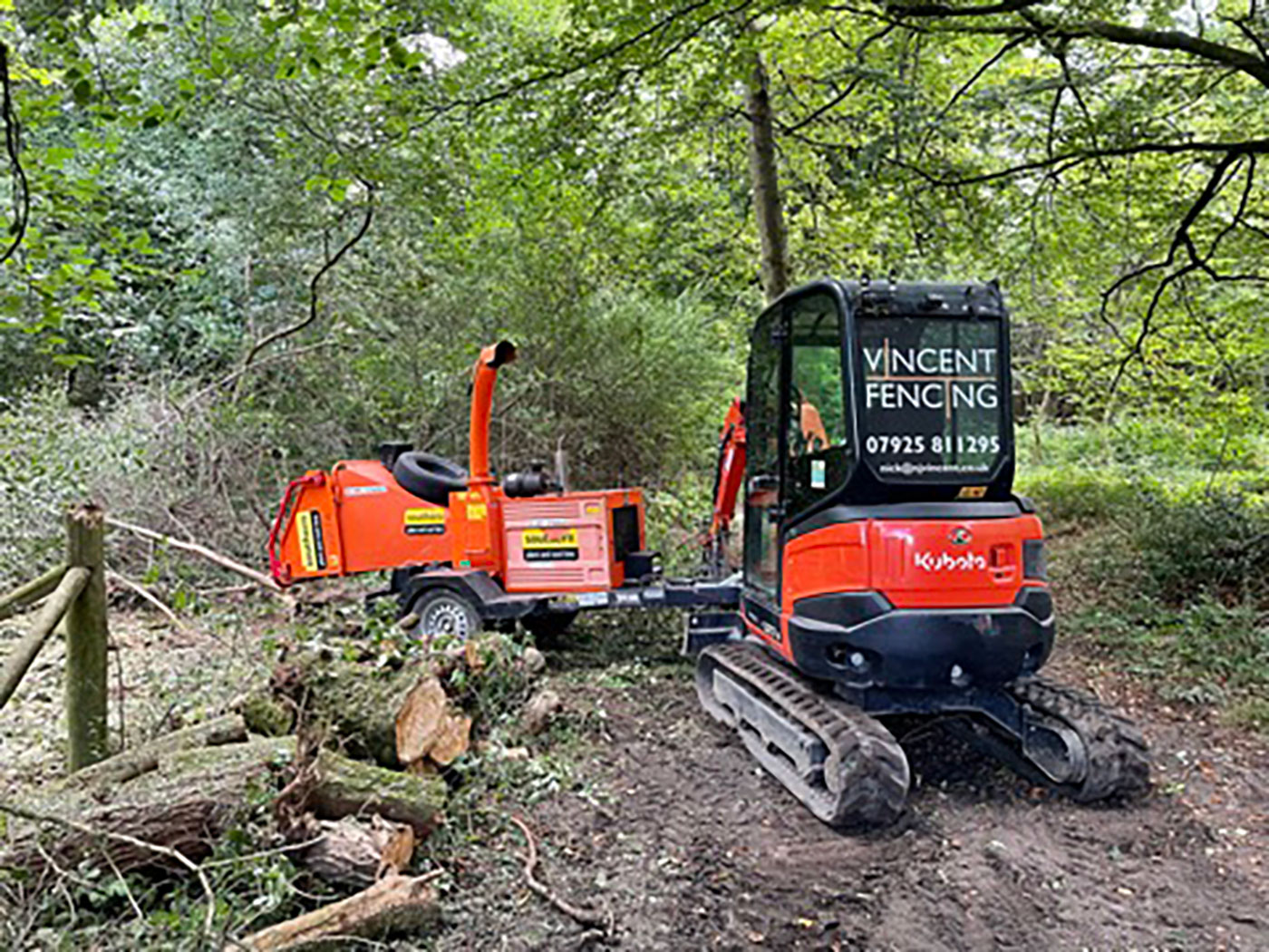 Kubota with tow bar on excavator in use by Vincent Fencing